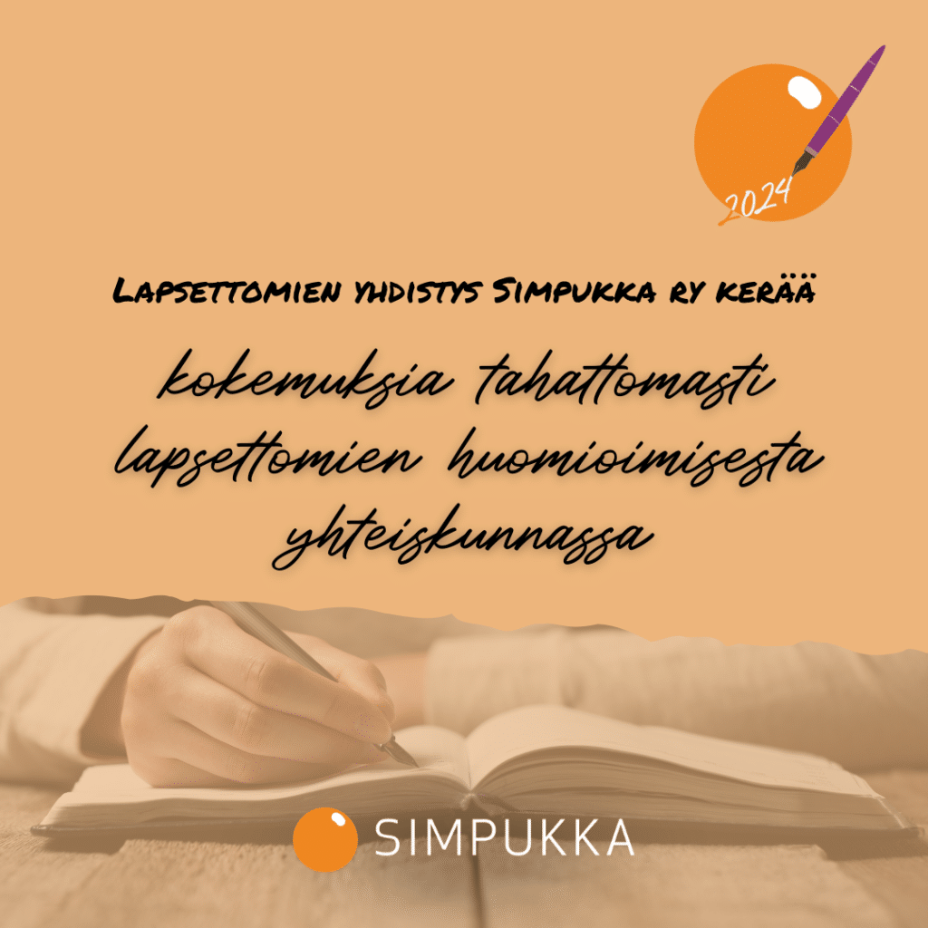 Lapsettomien yhdistys Simpukka ry kerää kokemuksia tahattomasti lapsettomien huomioimisesta yhteiskunnassa. Käsi, kynä ja kirja. Simpukan logo.
