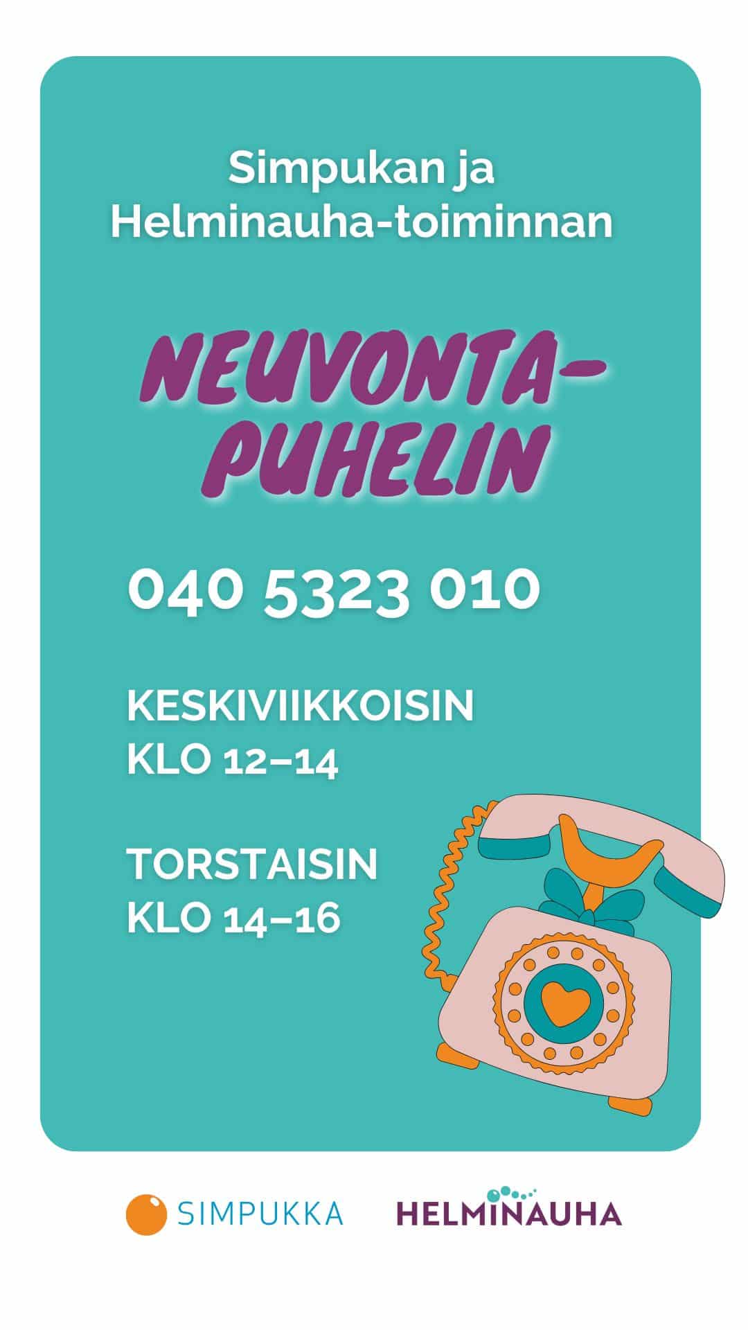 Neuvontapuhelimen yhteystiedot ja vanhan ajan lankapuhelimen kuva