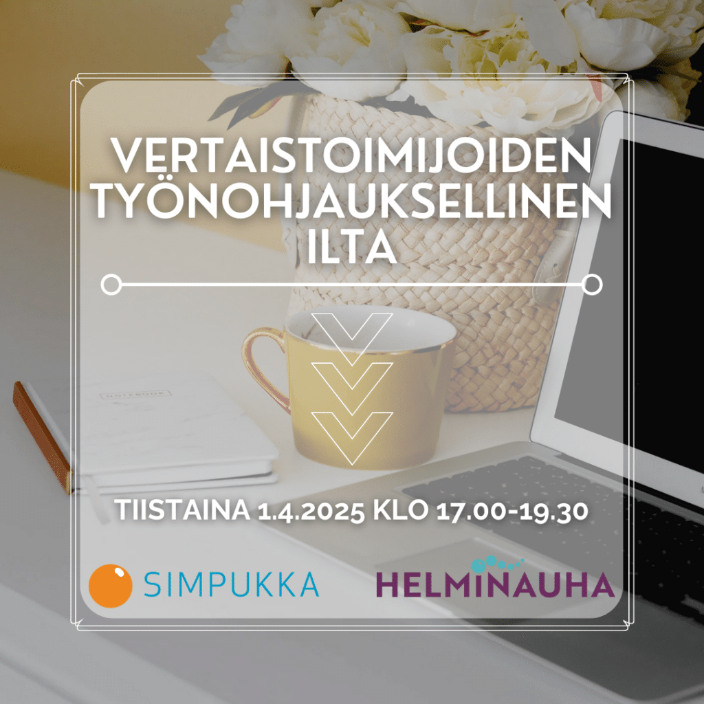 valokuva läppäristä, jonka vierellä on kahvikuppi ja muistivihko. kuvan päällä teksti vertaistoimijoiden työnohjauksellinen ilta. tiistaina 1.4.2025 klo 17-19.30. alla simpukan ja helminauhan logot.