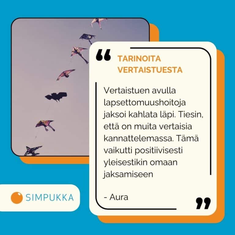 Tarinoita vertaistuesta. Auran tarina. Kuvassa monta leijaa taivaalla sinisellä pohjalla. Simpukan logo.