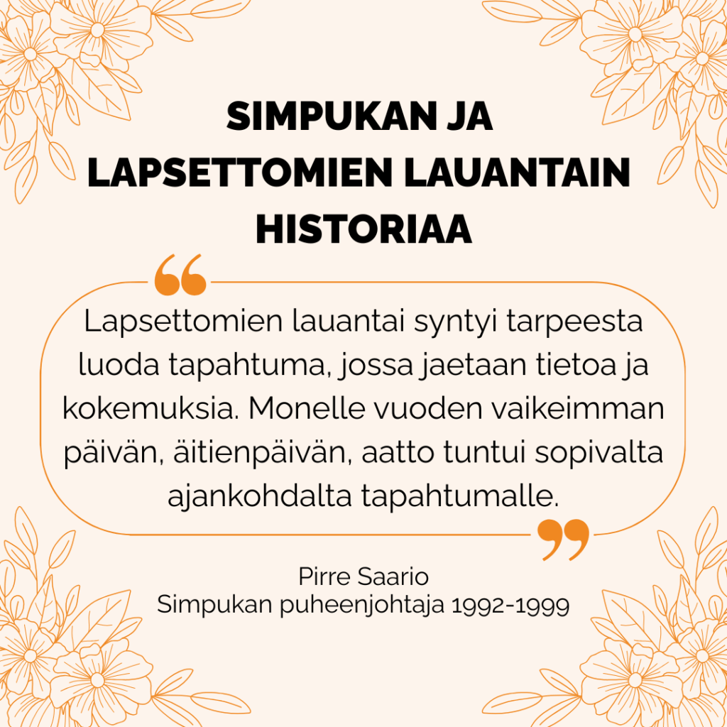Simpukan ja Lapsettomien lauantain historiaa. Kukkakehyksien sisällä lainaus Simpukan puheenjohtajalta 1992-1999 Pirre Saariolta: Lapsettomien lauantai syntyi tarpeesta luoda tapahtuma, jossa jaetaan tietoa ja kokemuksia. Monelle vuoden vaikeimman päivän, äitienpäivän, aatto tuntui sopivalta ajankohdalta tapahtumalle.