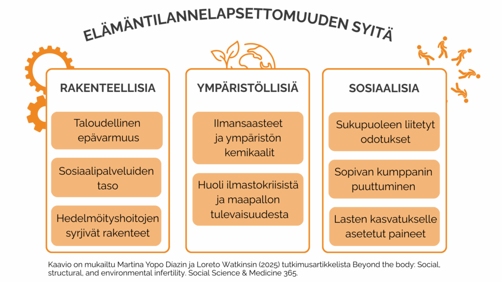 Elämäntilannelapsettomuus ja sen syyt -kaavio. Rakenteellisia syitä ovat taloudellinen epävarmuus, sosiaalipalveluiden taso ja hedelmöityshoitojen syrjivät rakenteet. Ympäristöllisiä syitä ovat Ilmansaasteet ja ympäristön kemikaalit sekä ympäristöhuoli. Sosiaalisia syitä ovat Sukupuoleen liitetyt odotukset, sopivan kumppanin puute sekä lapsen kasvattamiseen liitetyt paineet. Kaavio on mukailtu 2025 tutkimusartikkelista nimeltään Beyond the body: Social, structural, and environmental infertility. Social Science & Medicine 365. 