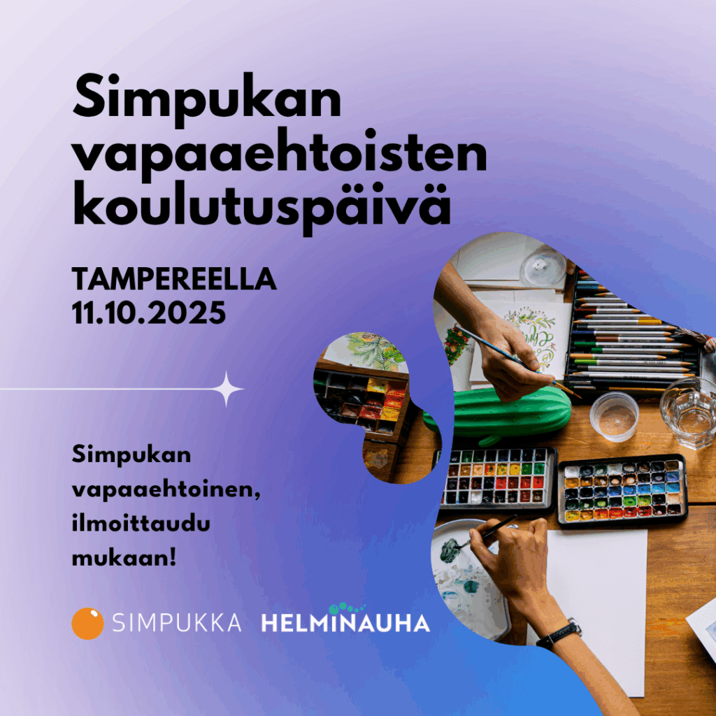 kuvassa kaksi kättä, jotka pitävät siveltimiä ja pöydällä maalaustarvikkeita. teksti Simpukan vapaaehtoisten koulutuspäivä Tampereella 11.10.2025. Simpukan vapaaehtoinen, ilmoittaudu mukaan! Alla Simpukan ja Helminauhan logot.
