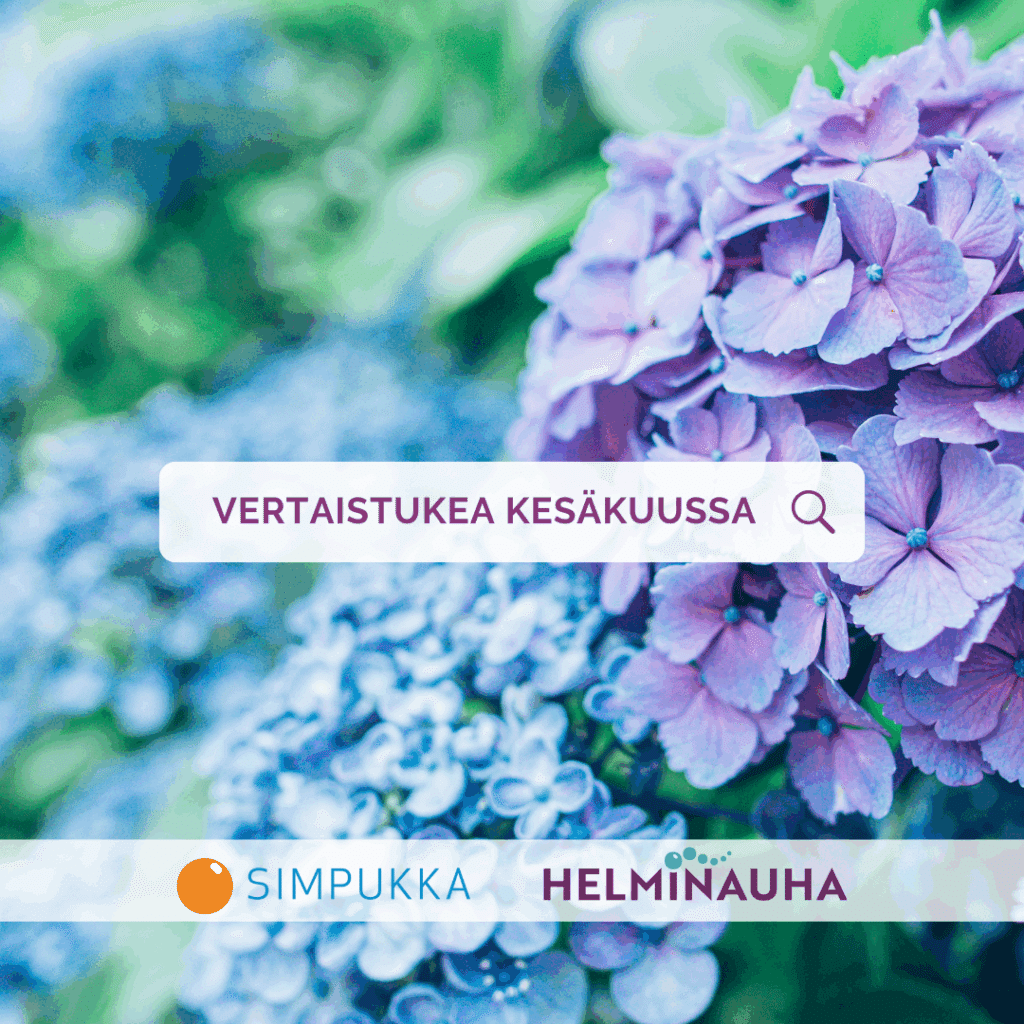 vertaistukea kesäkuussa teksti ja taustalla kukkia. alla simpukan ja helminauhan logot