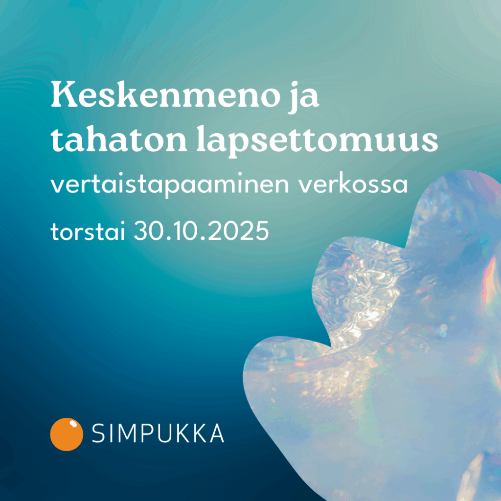 Kuvassa teksti: Keskenmeno ja tahaton lapsettomuus -vertaistapaaminen verkossa torstai 30.10.2025 ja Simpukan logo. Kuvan sivussa helmiäiskuvitusta.