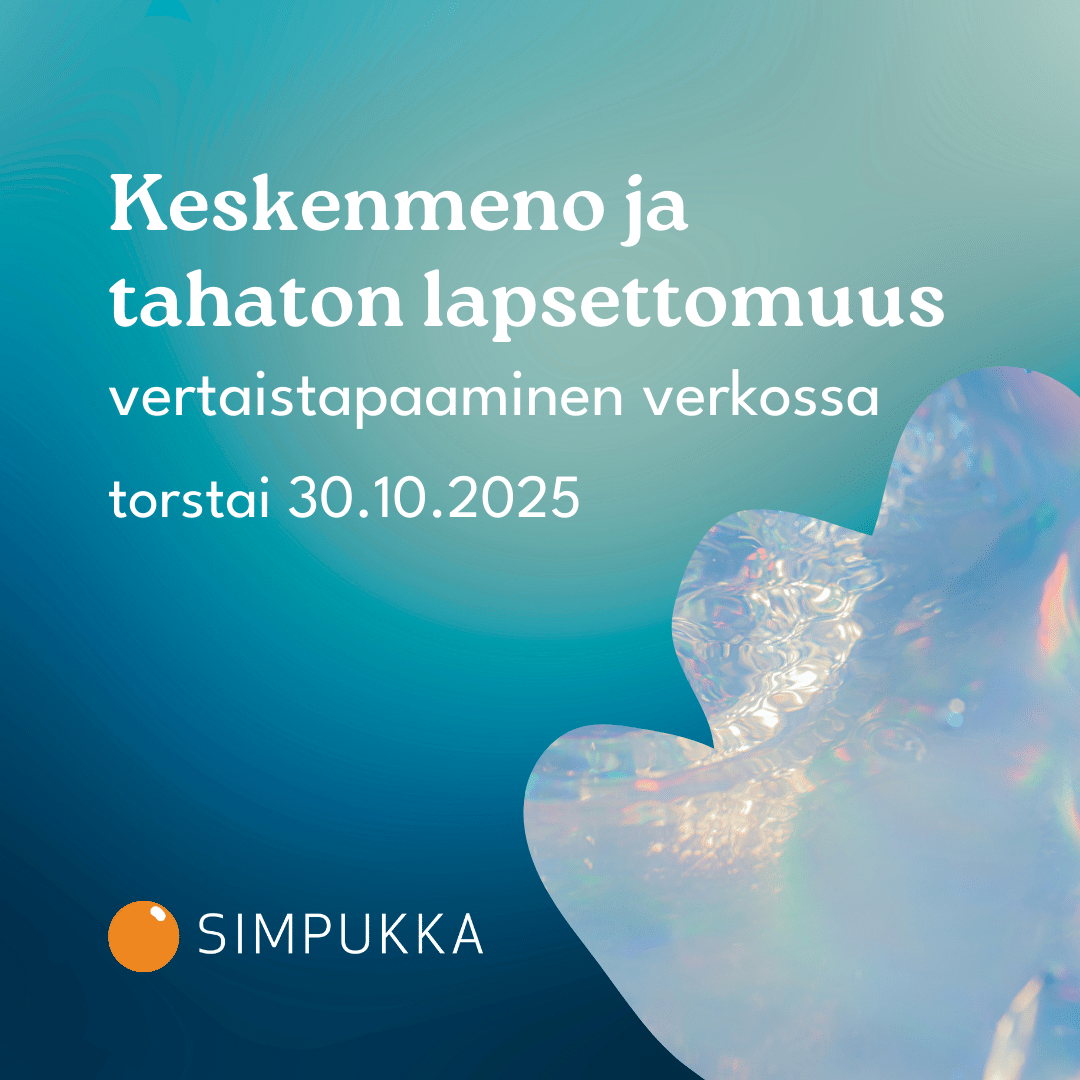 Kuvassa teksti: Keskenmeno ja tahaton lapsettomuus -vertaistapaaminen verkossa torstai 30.10.2025 ja Simpukan logo. Kuvan sivussa helmiäiskuvitusta.