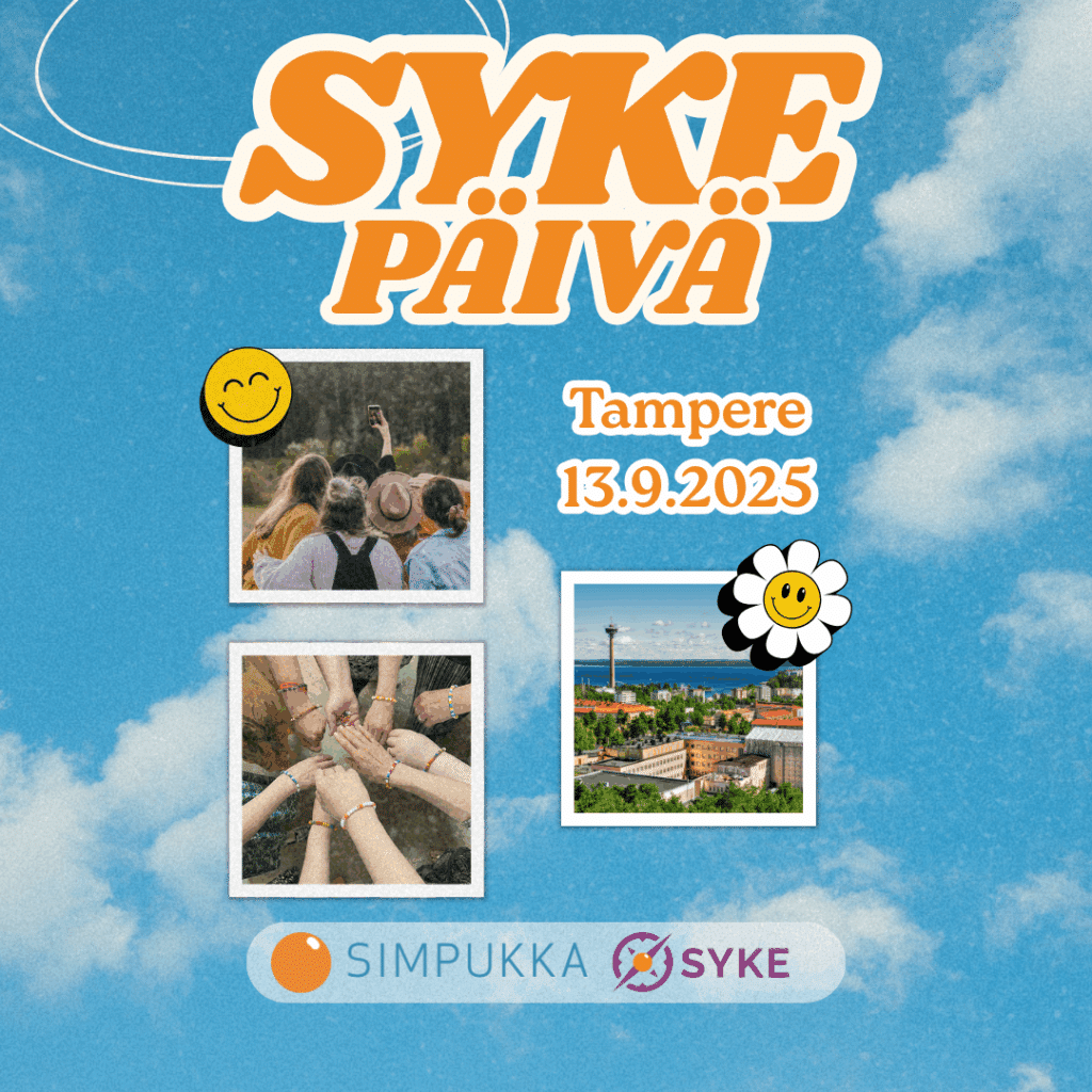 mainoskuvassa kolme pientä valokuvaa. ensimmäisessä ryhmä ihmisiä selät kameraan. toisessa kädet, joissa on helminauhat ja kolmannessa maisemakuva Tampereelta. yllä teksti Syke-päivä Tampere 13.9.2025. Alla Simpukan ja SYKE-verkoston logot.