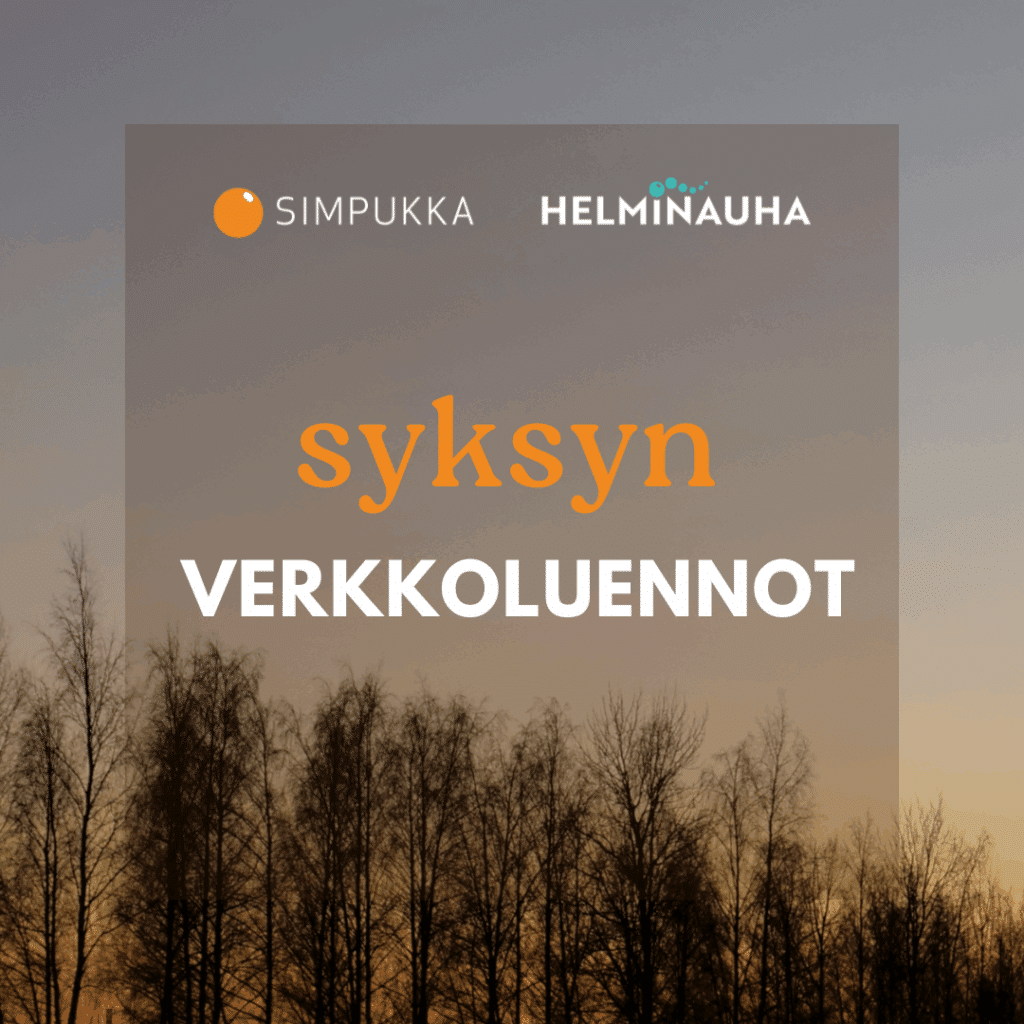 Syksyn verkkoluennot-teksti, taustalla syksyisiä puita auringonlaskussa