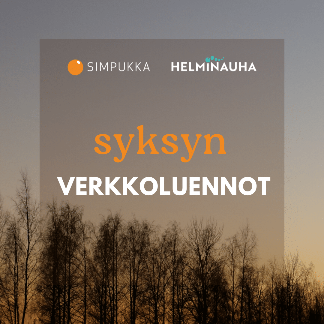 Syksyn verkkoluennot-teksti, taustalla syksyisiä puita auringonlaskussa