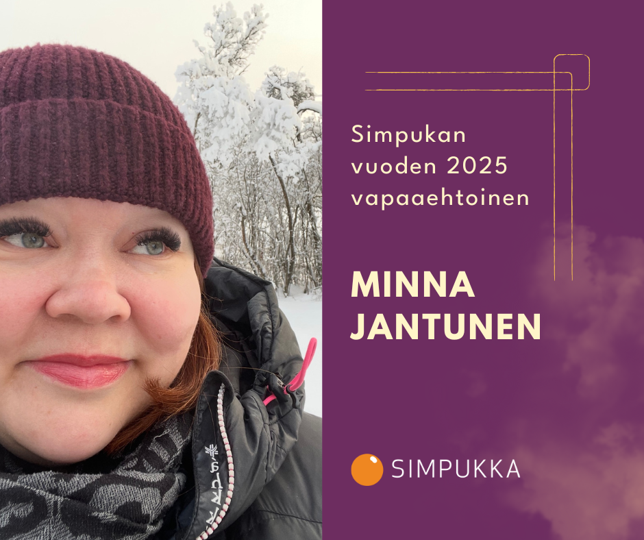 Hymyilevä kuva Minna Jantusesta ja teksti Simpukan vuoden 2025 vapaaehtoinen Minna Jantunen. Alla Simpukan logo.