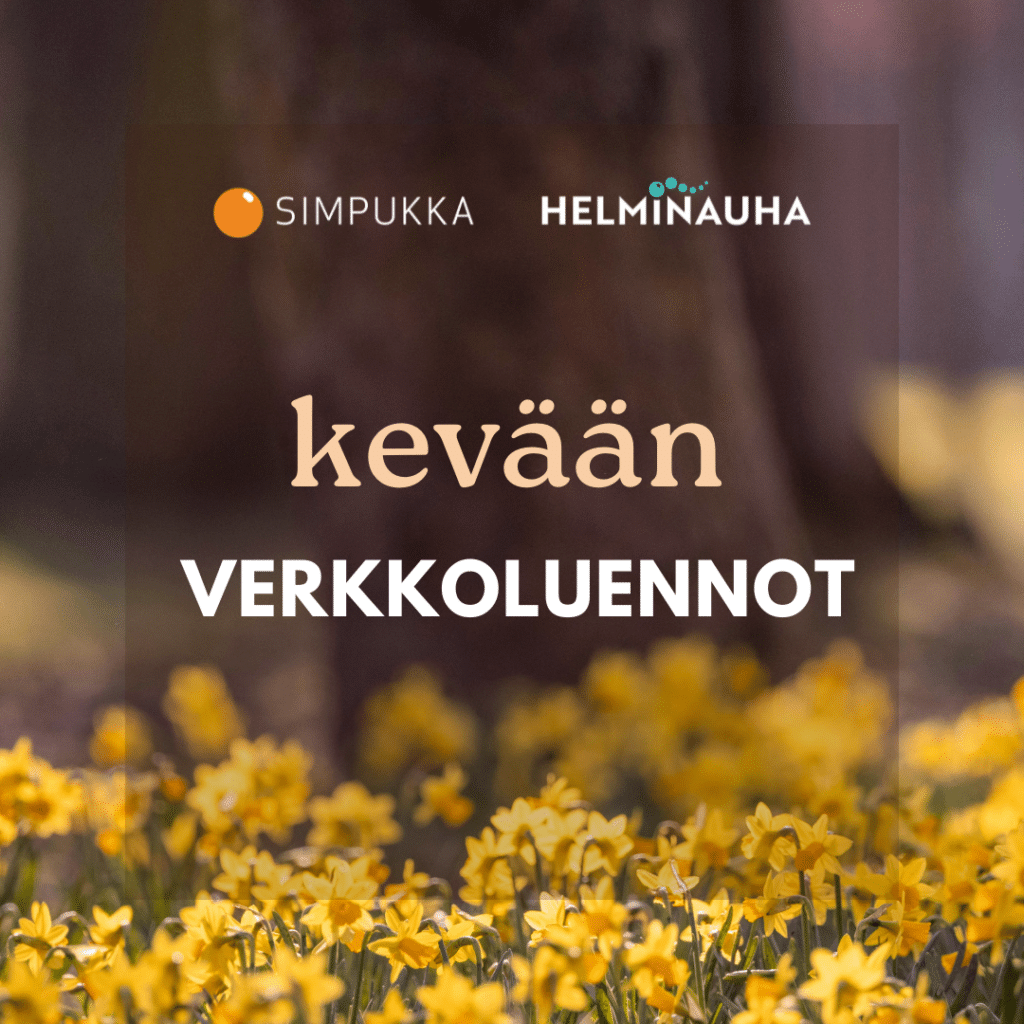 Kevään verkkoluennot-teksti ja taustalla kuva keltaisista narsisseista