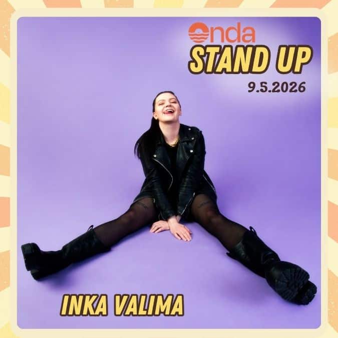 Kuvassa stand up -koomikko Inka Valima. Teksti: Onda stand up 9.5.2026, Inka Valima.