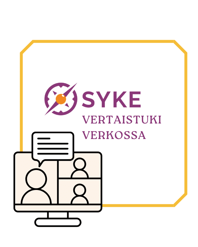 Piirroskuva verkkotapaamisesta. Teksti: SYKE vertaistuki verkossa.