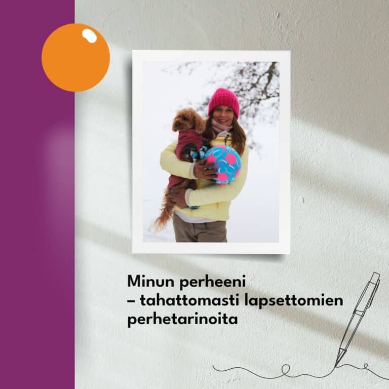 Kuvassa Elinan perhe. Teksti: Minun perheeni - tahattomasti lapsettomien perhetarinoita.