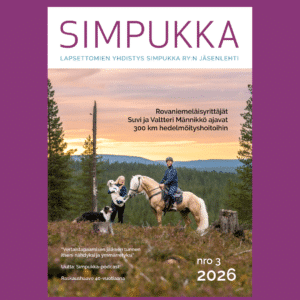 Simpukka-lehden 3/2026 kansi, jossa hevonen, koira ja kaksi ihmistä