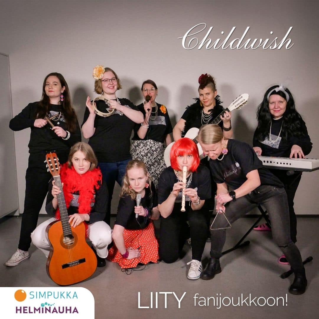 Liity fanijoukkoomme. Childwish-bändi. Simpukan ja HElminauhan logot