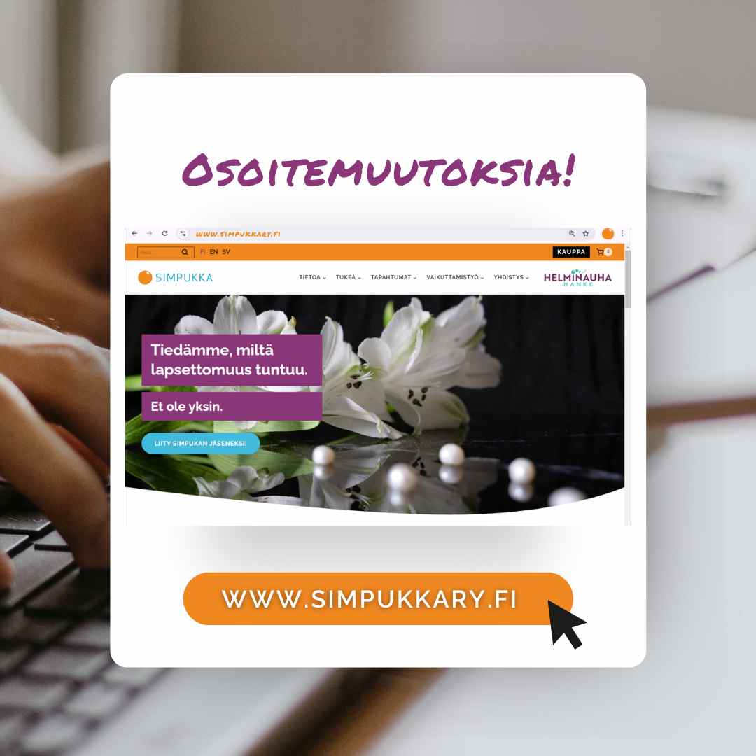 Kuvassa selainikkuna, jossa Simpukka ry:n verkkosivut. Tekstit: Osoitemuutoksia! www.simpukkary.fi.