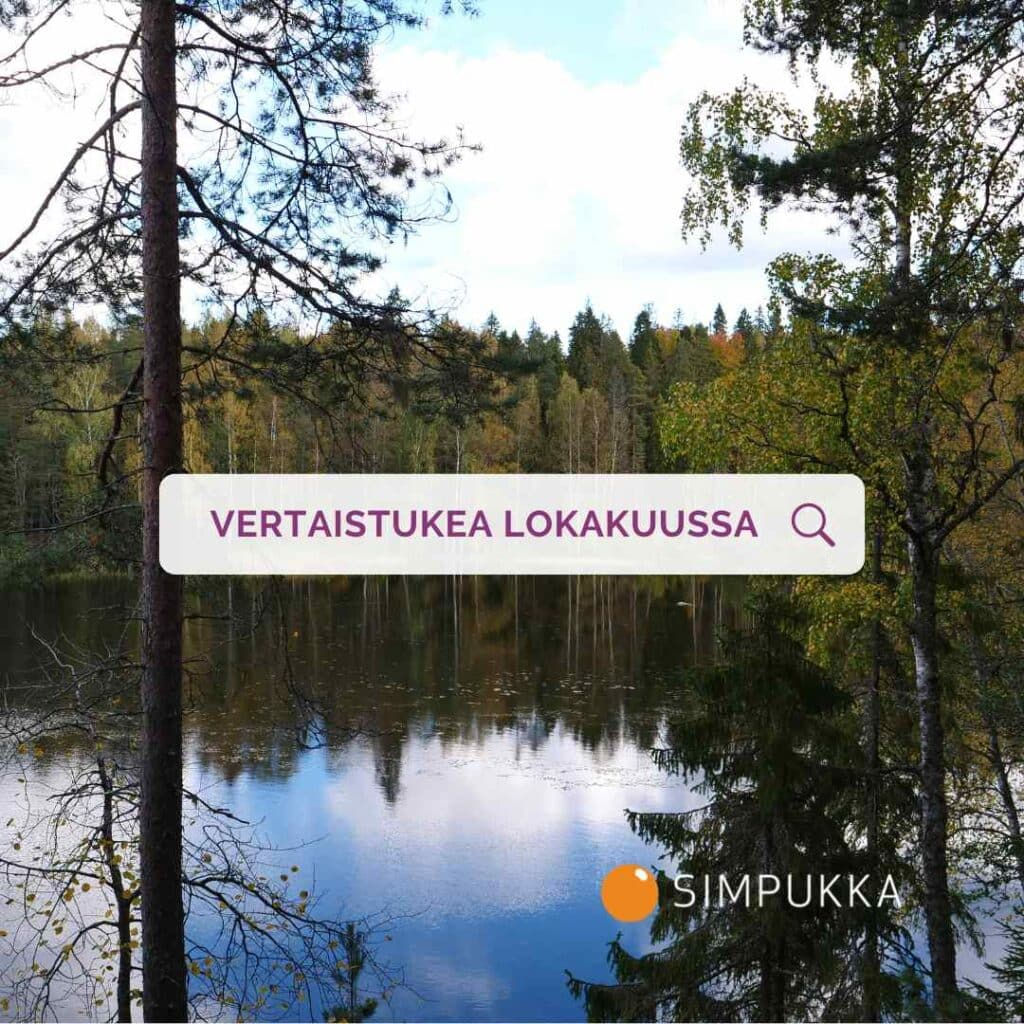 Järvimaisema syksyllä. Teksti: vertaistukea lokakuussa.