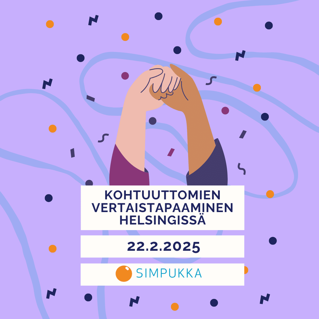 kaksi kättä käsikkäin. teksti kohtuuttomien vertaistapaaminen helsingissä 22.2.2025 ja simpukan logo