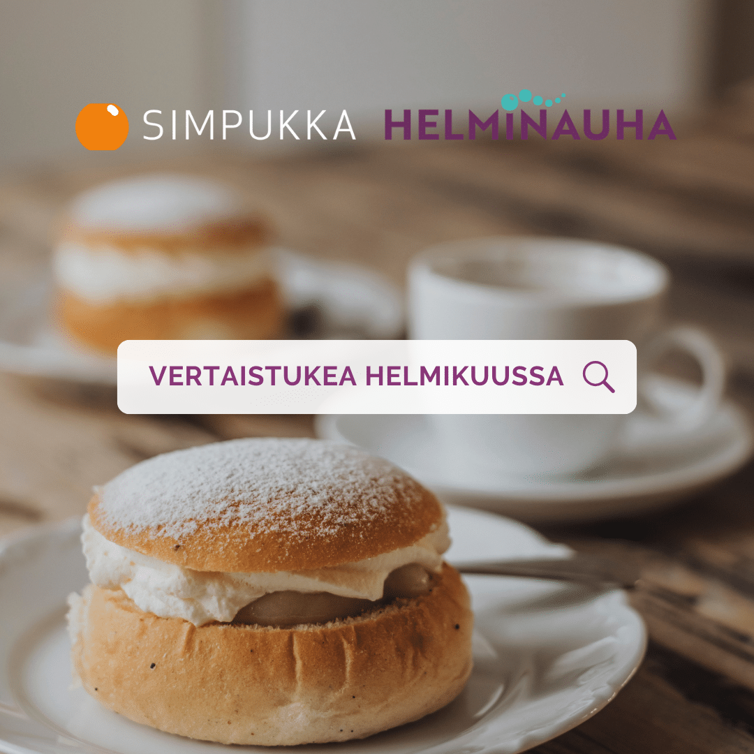 kuva laskiaispullasta ja kahvikupista. teksti vertaistukea helmikuussa. simpukan ja helminauhan logot,