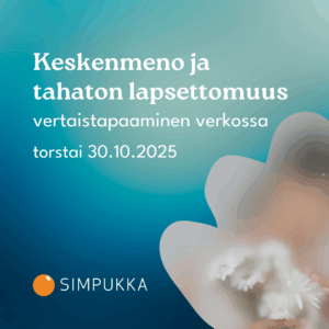 Kuvassa teksti: Keskenmeno ja tahaton lapsettomuus -vertaistapaaminen verkossa torstai 30.10.2025 ja Simpukan logo. Kuvan sivussa valokuvassa tummahiuksinen ihmishahmo sumean lasin takana. Hahmolla kimppu valkoisia kukkia.