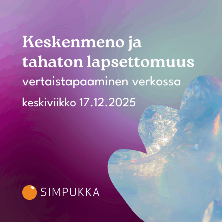 Kuvassa teksti Keskenmeno ja tahaton lapsettomuus -vertaistapaaminen verkossa keskiviikko 17.12.2025 ja Simpukan logo. Kuvan sivussa helmiäiskuvitusta.