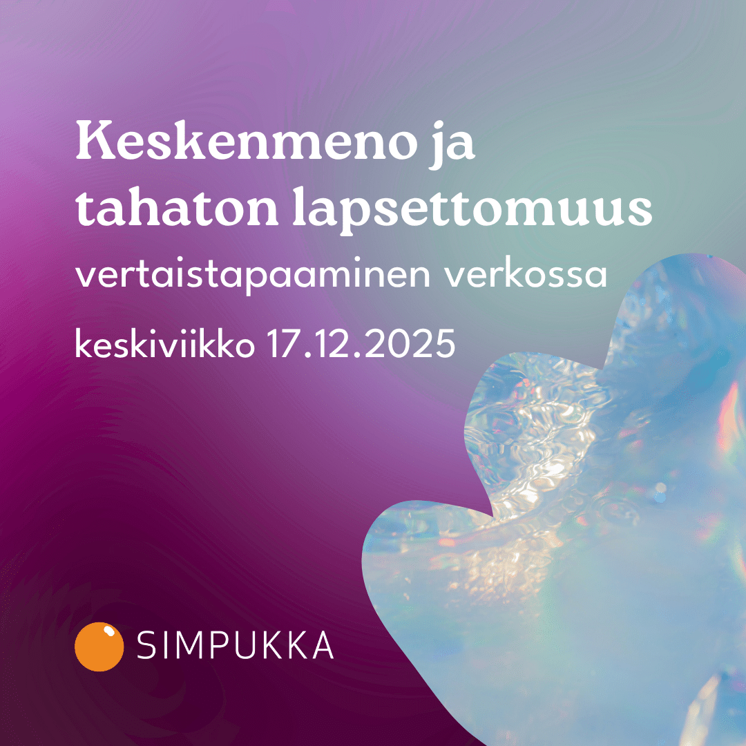 Kuvassa teksti Keskenmeno ja tahaton lapsettomuus -vertaistapaaminen verkossa keskiviikko 17.12.2025 ja Simpukan logo. Kuvan sivussa helmiäiskuvitusta.