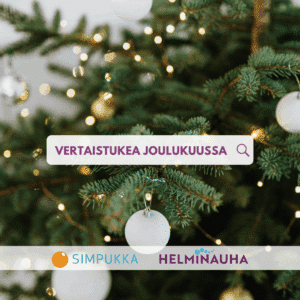 kuvassa kuusi, jossa valkoisia koristepalloja ja valoja. kuvan päällä teksti vertaistukea joulukuussa. Alla simpukan ja helminauhan logot.