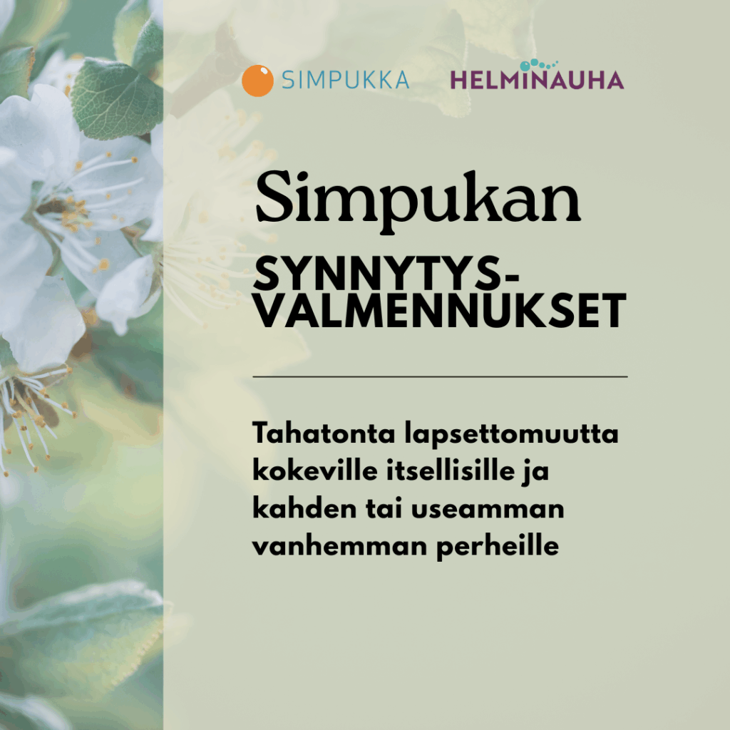 Simpukan synnytysvalmennukset tahatonta lapsettomuutta kokeville, kuvassa omenankukkia vihreällä taustalla