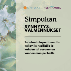 Simpukan synnytysvalmennukset tahatonta lapsettomuutta kokeville, kuvassa omenankukkia vihreällä taustalla