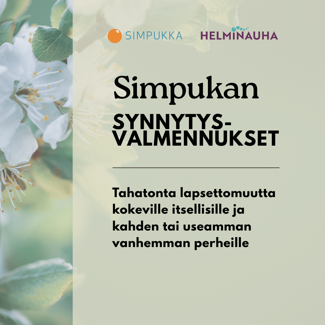 Simpukan synnytysvalmennukset tahatonta lapsettomuutta kokeville, kuvassa omenankukkia vihreällä taustalla
